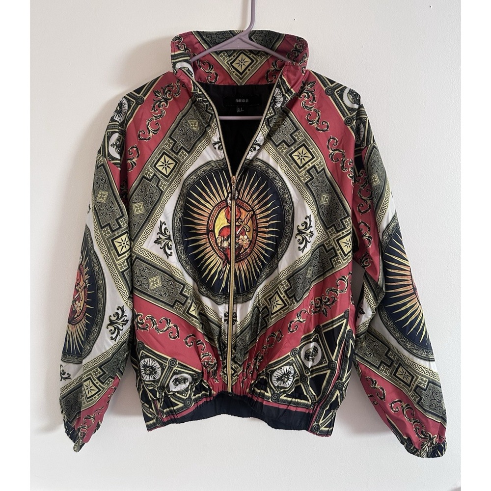 Forever 21 Bomber Jacket Women's Small Red Gold Baroque Print Zip Lightweight S